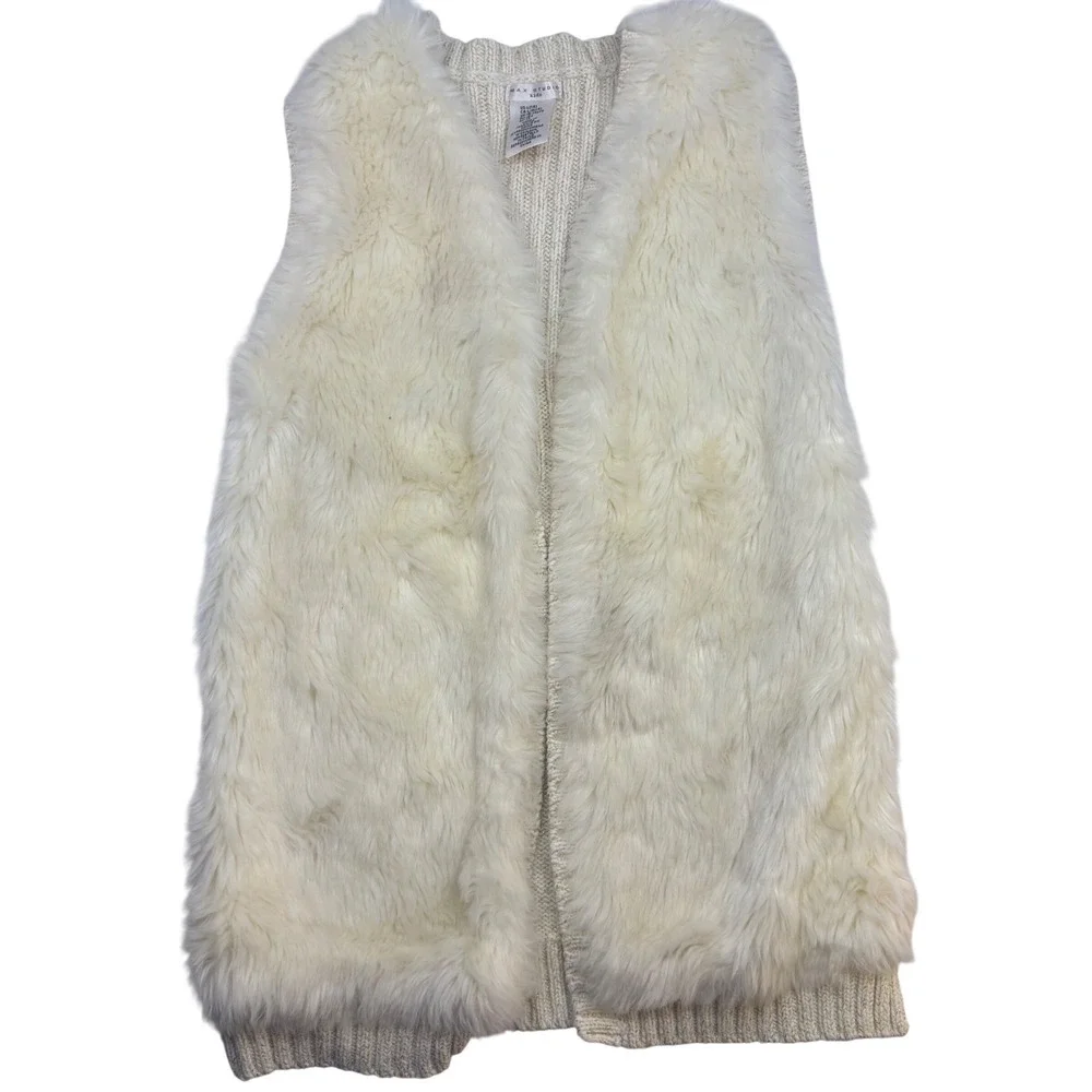 Max Studio Kids Cream Faux Fur Metallic Knit Sweater Vest Gold Thread Girls L 14